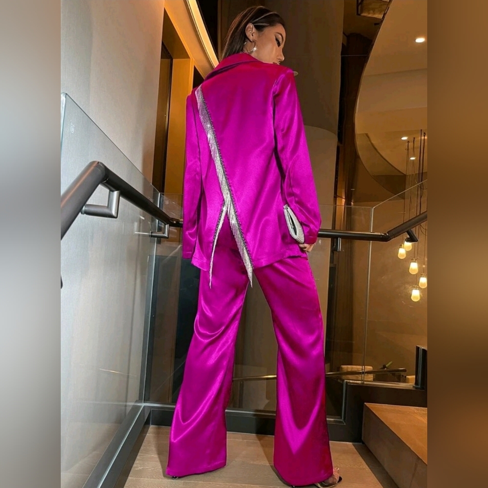 Hot Pink Fringe Trim Split Back Single Breasted Blazer & Pants